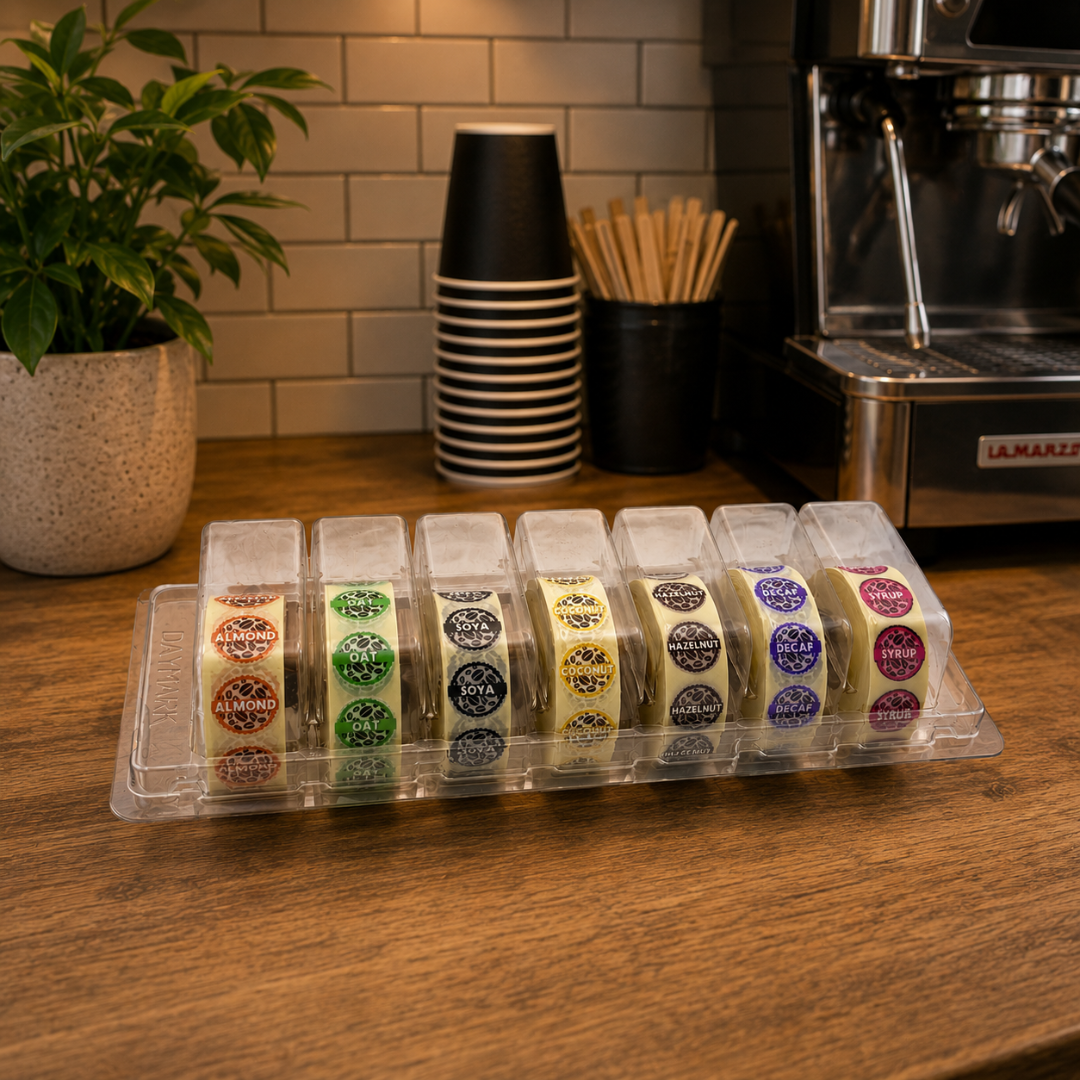 Pick n Mix Coffee Shop Barista Labels with Dispenser (Choose 7 rolls for discount applied at checkout £36.99 Inc VAT) FREE DELIVERY