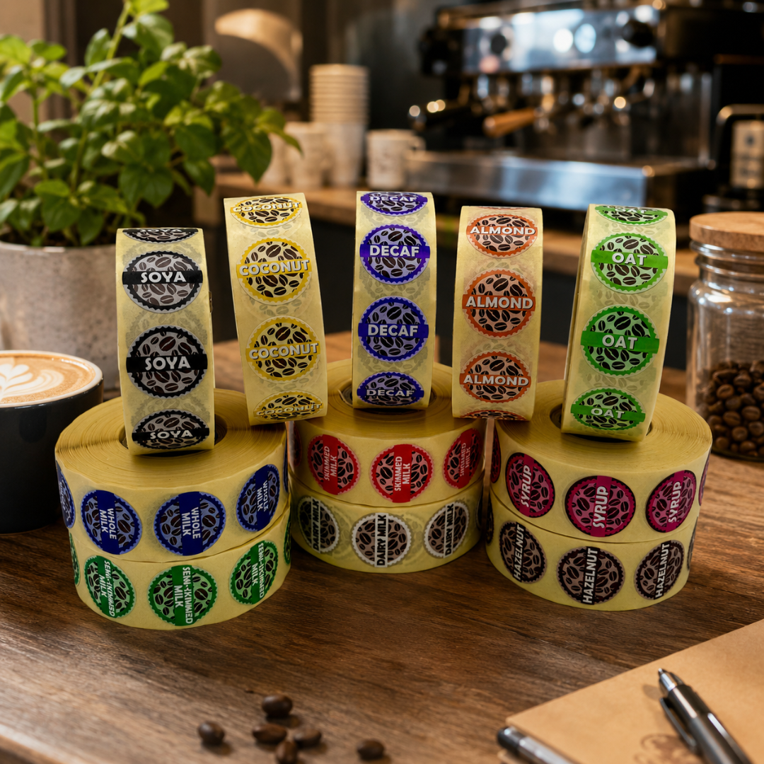 Pick n Mix Coffee Shop Barista Labels with Dispenser (Choose 7 rolls for discount applied at checkout £36.99 Inc VAT) FREE DELIVERY