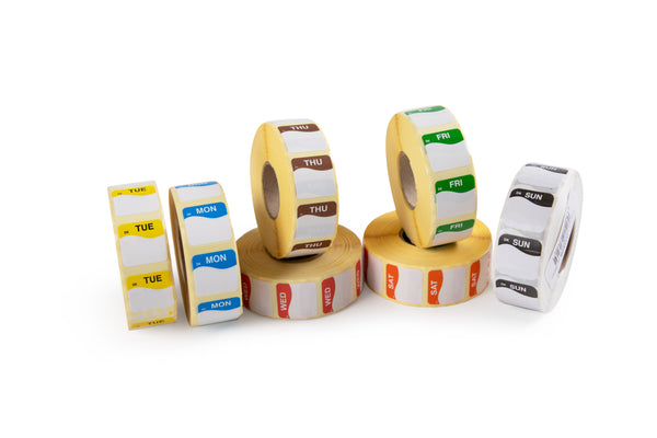 Days of the week labels Monday-Sunday in dispenser 25mm square