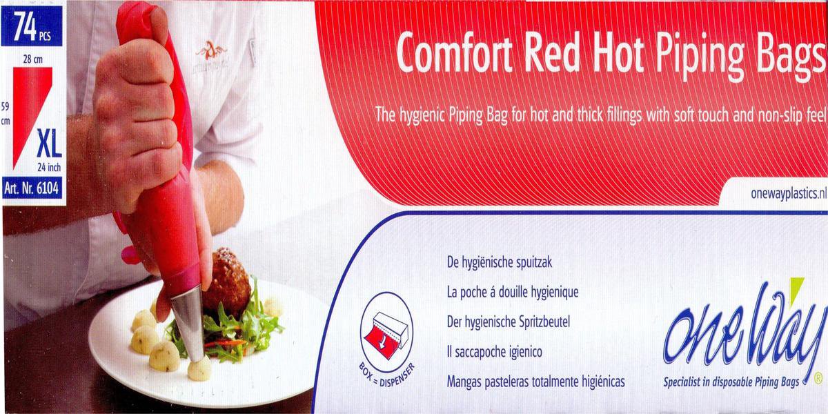 Oneway Comfort Red Hot Piping Bags for hot, thick fillings and sauces, offering extra firmness and comfort for precise piping.