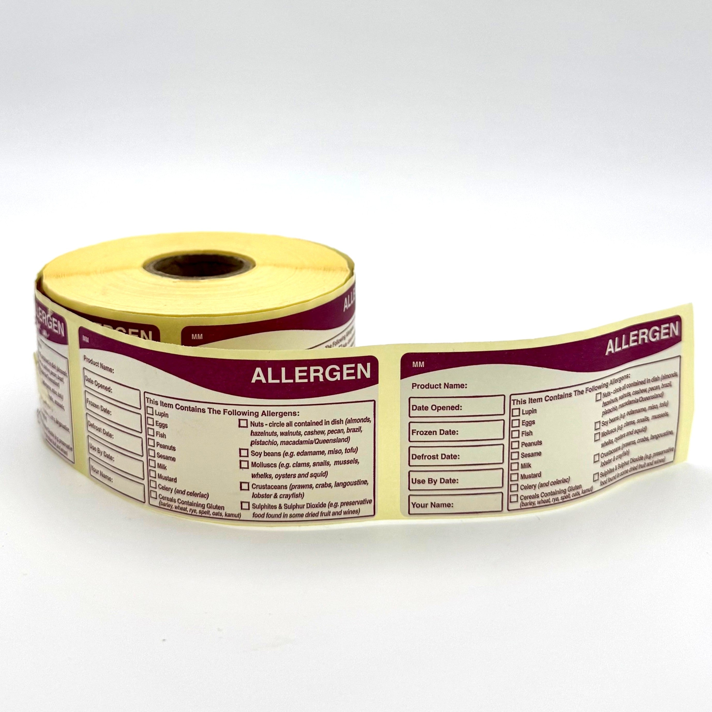 Allergen Multipurpose Shelf Life Label with tick Box Identification Use By, Date Opened, Defrost, Frozen Date, Allergen Identification Compliance Labels 500 Labels per roll 40 x 80mm