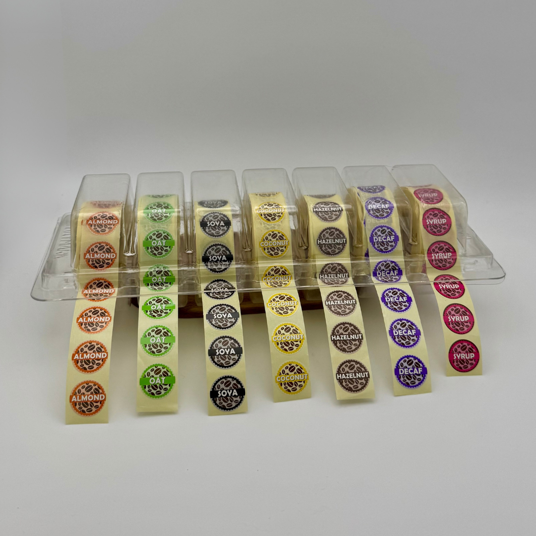 Coffee Shop Barista Labels set of 7x1000, Options from: Almond, Soya, Oat, Coconut, Hazelnut, Decaf, Milk (Dairy), Syrup, Skimmed, semi skimmed & Whole Milk