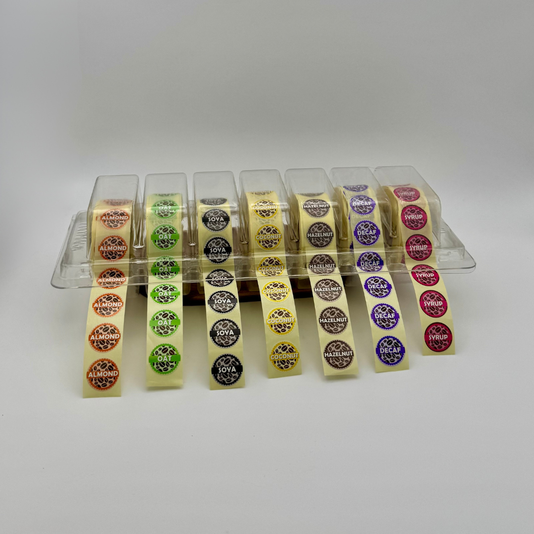 Pick n Mix Coffee Shop Barista Labels with Dispenser (Choose 7 rolls for discount applied at checkout £36.99 Inc VAT) FREE DELIVERY
