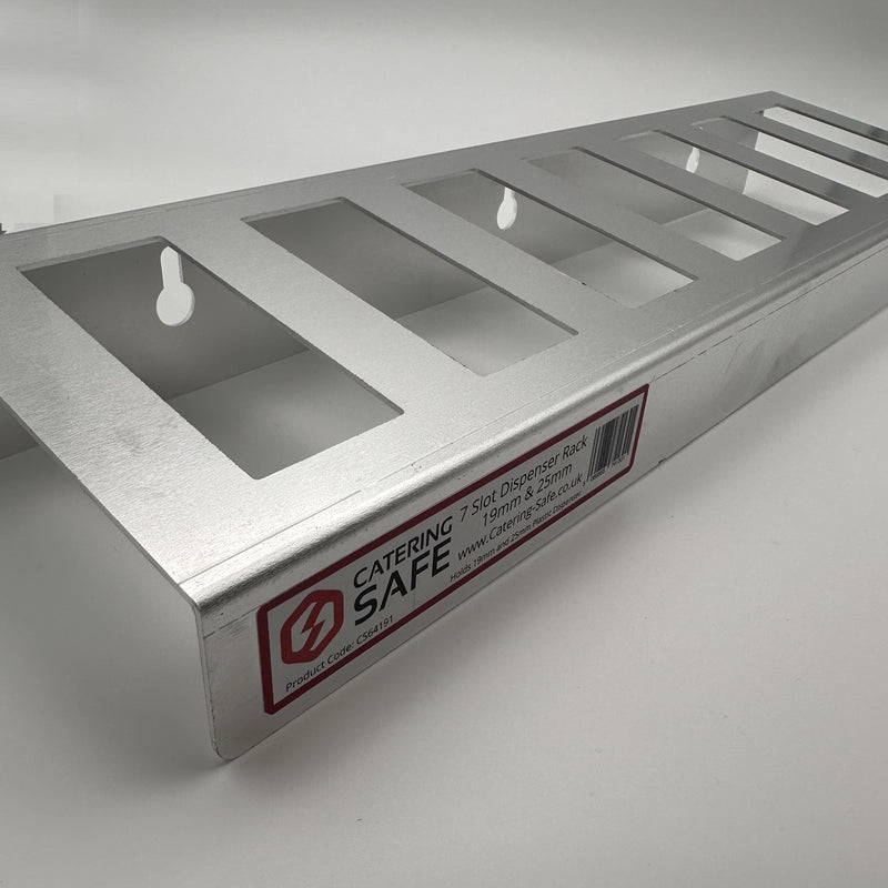 7 Slot Metal Dispensing Rack Complete with Label Carriers, ideal for organizing and dispensing kitchen labels efficiently.