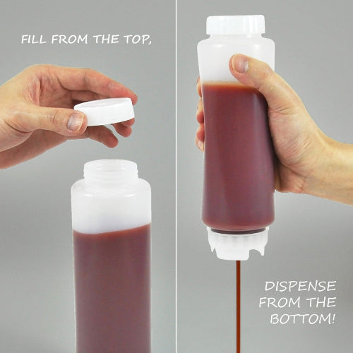 FIFO Sauce Dispensing Bottles including dispensing cap and top cap