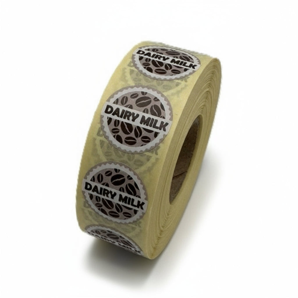 Roll of 'Dairy Milk' labels on a white background