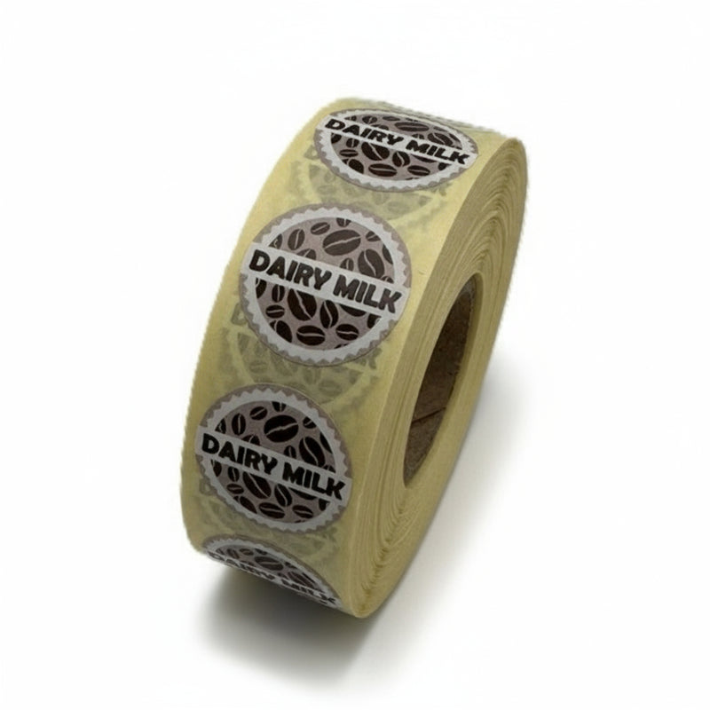Roll of 'Dairy Milk' labels on a white background