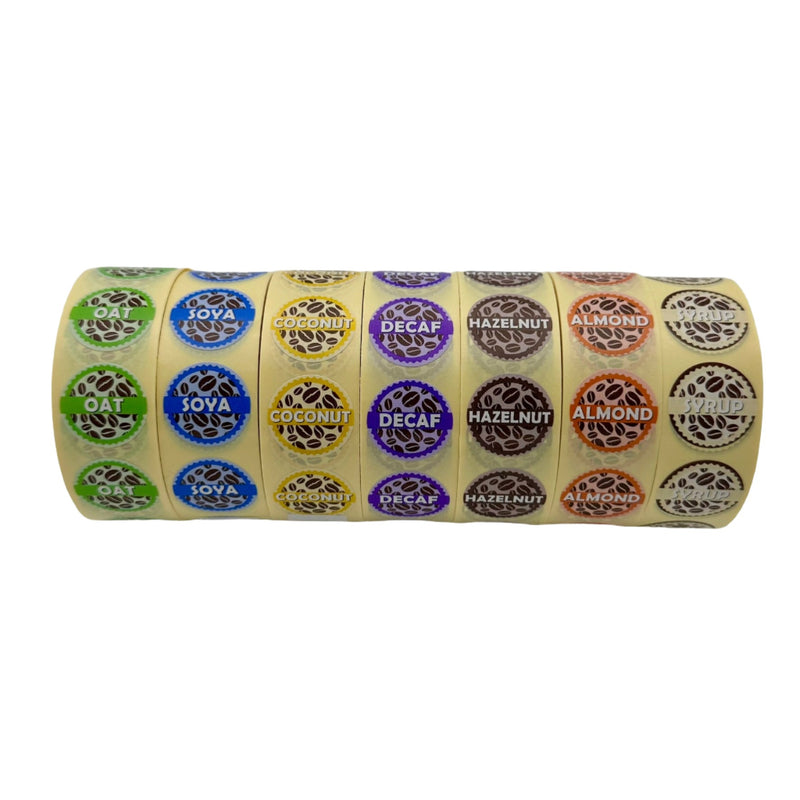 Coffee Shop Barista Labels set of 7, Almond, Soya, Oat, Coconut, Hazelnut, Decaf, Syrup 7 x 1000 labels