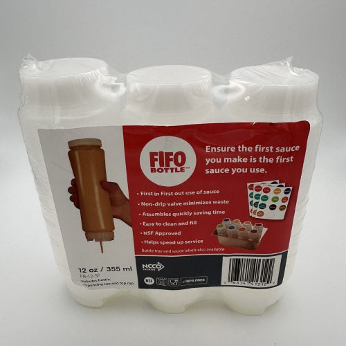 FIFO Sauce Dispensing Bottles including dispensing cap and top cap