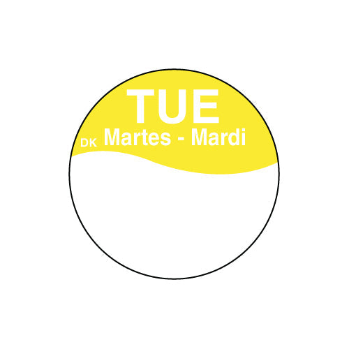 1100312 - Tuesday 25mm Trilingual Circle Label DuraMark DayMark 1000 labels per roll.