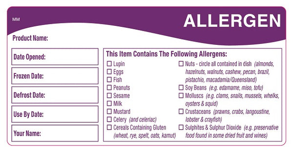 Premium Allergen-Allergy Storage Shelf Life Label 50mm x 100mm 500 labels per roll Natasha's Law - Individually wrapped for hygiene