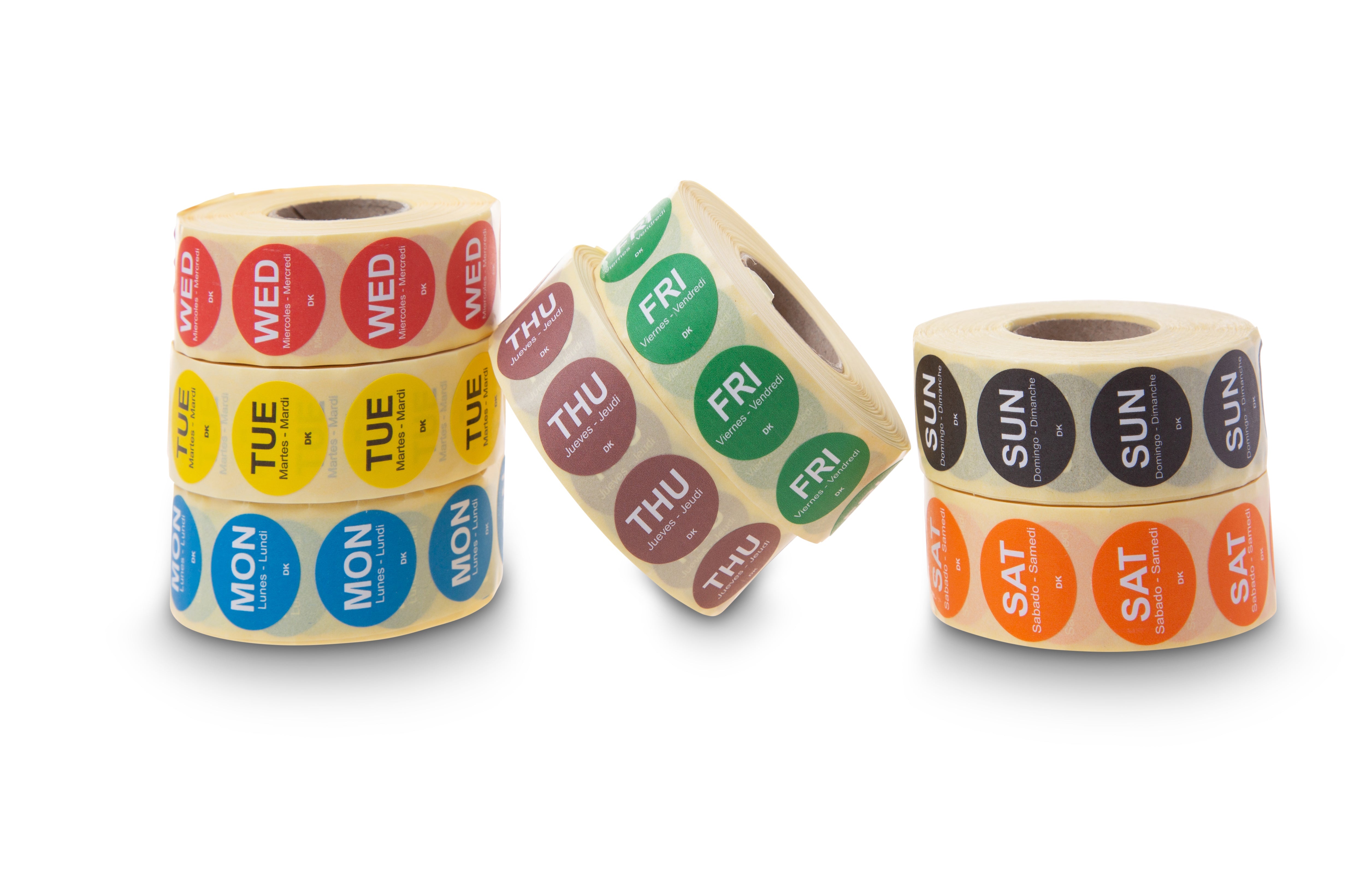 19mm Circle Days of the week labels, complete with dispenser (All 7 days 1000 labels per roll) 7000 labels in total.