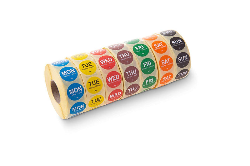 19mm Circle Days of the week labels, complete with dispenser (All 7 days 1000 labels per roll) 7000 labels in total.