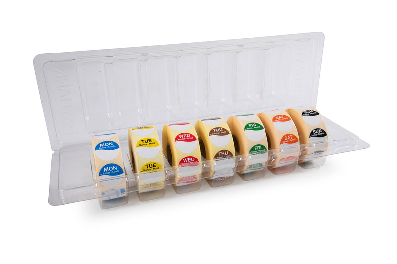 25mm Circle Days of the week labels in a dispenser all 7 Days - 1000 labels per roll