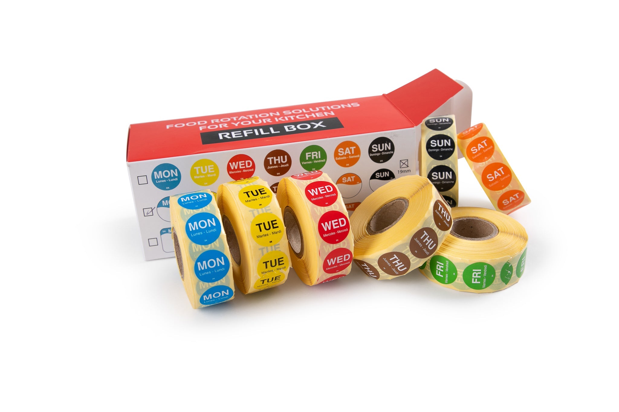 19mm Circle days of the week labels, REFILL (All 7 days 1000 labels per roll).